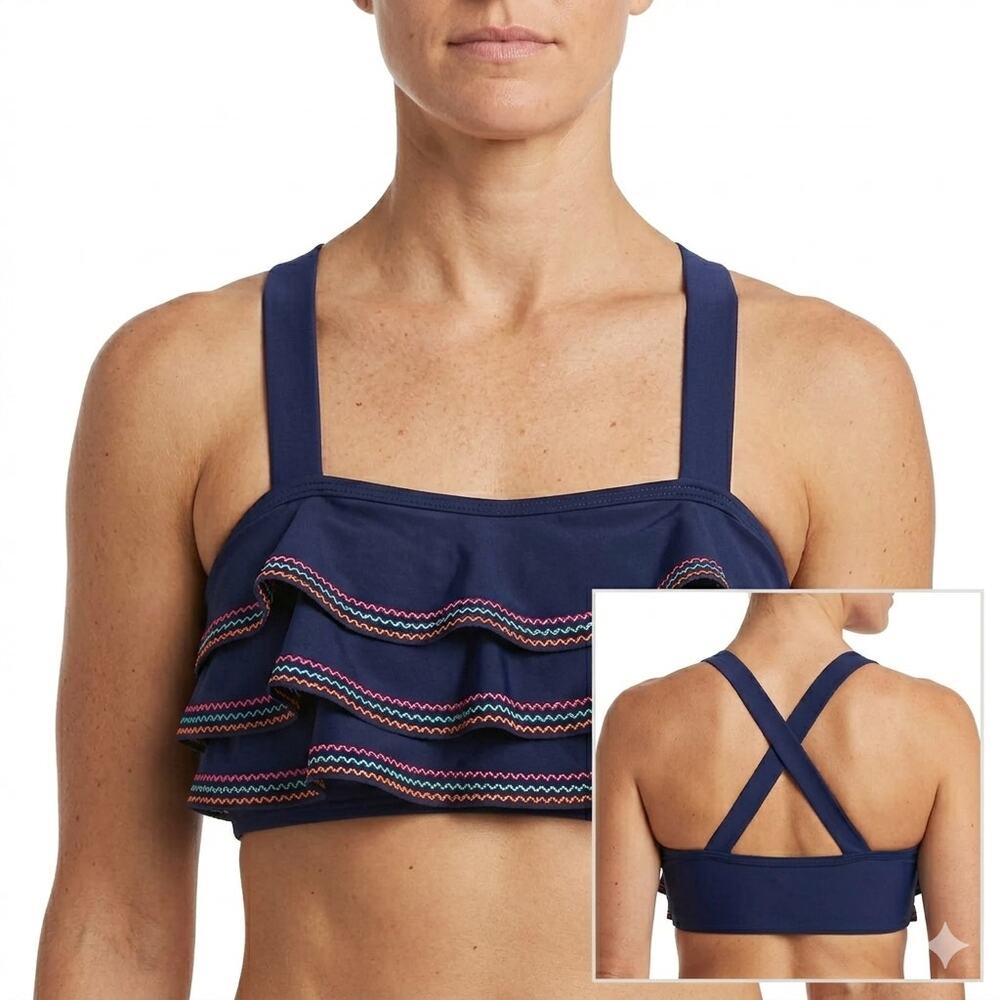 Lands' End Girls 16 Ruffle Flounce Bikini Top Navy Embroidered Cross Back Swim